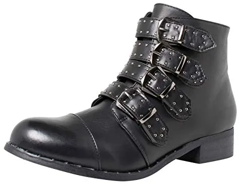 Fitters Footwear That Fits Damen Stiefelette Tamara Lederimitat Bikerboot mit Nieten und Schnallen Übergröße (44 EU, schwarz)