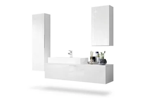 Vladon Badmöbel-Set Beach mit Waschbecken und Armatur - 5-teiliges Badezimmer-Set in Weiß Hochglanz und Weiß matt, ideal für eine moderne Badgestaltung. Einfache Selbstmontage und pflegeleicht für eine stilvolle Atmosphäre.