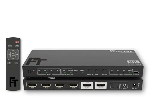 FeinTech SW411 HDMI 2.1 Switch 4 In 1 Out - HDMI-Adapter für bis zu vier Zuspieler, unterstützt 4K bei 120Hz, mit integriertem Audio Extractor und Auto-Switching für einfachen Komfort.