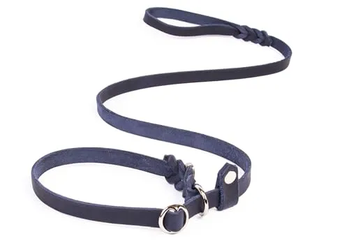 CopcoPet Retrieverleine mit Zugstopp für kleine Hunde – 1,20m x 10mm Moxonleine in Marineblau – Fettlederleine & Agilityleine aus Leder – stufenlos verstellbar, Handarbeit, verchromt, wetterfest