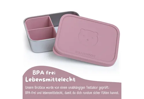 BEARFOOT Lunchbox Brotdose Kinder Edelstahl - Rosa - Lunchbox für Kindergarten und Schule, BPA-frei und spülmaschinengeeignet, ideal für gesunde Snacks mit 3 Fächern und 700 ml Fassungsvermögen.