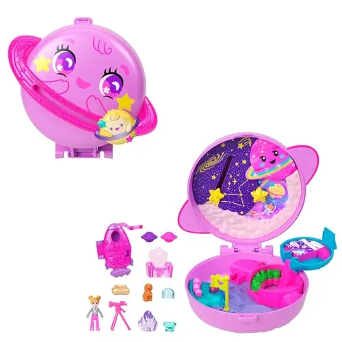 Polly Pocket Puppen und Spielset, Planet Polly Weltraum-Schatulle, Reisespielzeug mit 1 Minipuppe, Hündchen und passendem Zubehör, JCB18