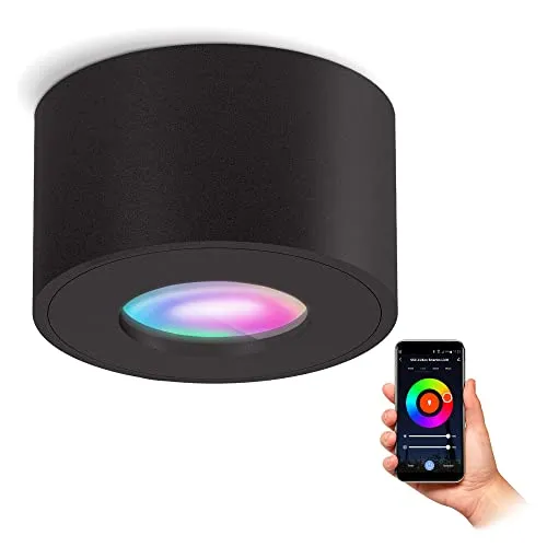 SSC-LUXon LED Außen-Deckenleuchte CELI-1 - Flacher Aufbauspot mit Smart RGB & Weißtönen - Lampen mit IP44 Spritzwasserschutz, ideal für Badezimmer, Küche und Außenbereiche. Genießen Sie intelligente Lichtsteuerung über App und Sprachassistenten!