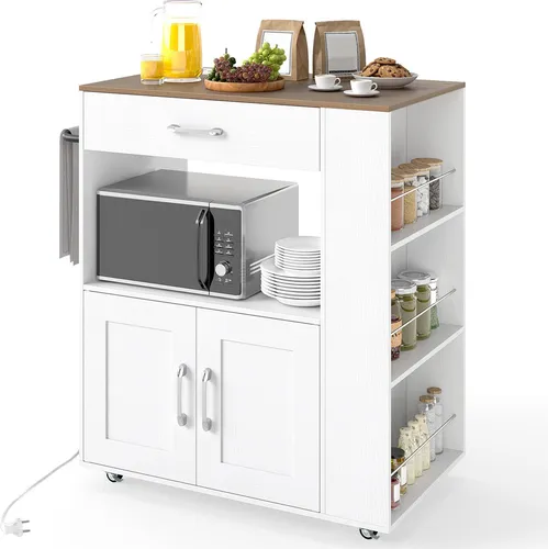 COSTWAY Küchenwagen auf Rollen, Servierwagen mit Arbeitsplatte, Schublade, Handtuchhalter&3 Gewürzregalen, Kücheninsel Holz Weiß+Natur75x46x90,5cm