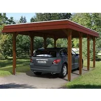 Einzelcarport SKAN HOLZ Spreewald mit roter Blende - Flachdach Carport aus hochwertigem Holz, inklusive Pfostenanker für stabile Montage und idealen Schutz für Ihr Fahrzeug.