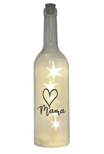 WB wohn trends LED-Flasche mit Motiv Herz Mama, Grau, 29cm, Leuchtflasche mit Text Spruch, Deko, Geschenk