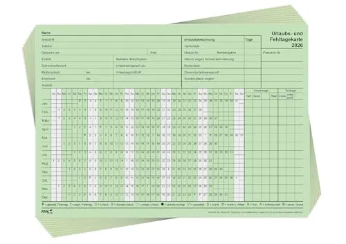 RNKVERLAG Urlaubs- und Fehltagekarte 2026, tabellarische Darstellung, im DIN A5 querformat aus Karteikarton, 10 Stück