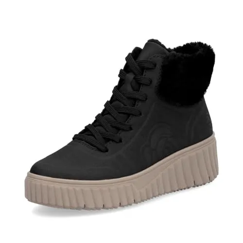 RIEKER Damen Winterboots Gr. 39 schwarz - Sportliche Keilstiefelette aus Lederimitat/Textil mit warmem Futter, ideal für kalte Tage. Mit praktischem Innenreißverschluss und herausnehmbarer Innensohle für hohen Tragekomfort.