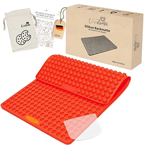 Coradoma Silikon Backform mit Teigschaber inkl. Rezepten und Stoffbeutel | Backmatte Hundekekse Mini Halbkugel 1cm | Silikonmatte für Hundeleckerli Backunterlage