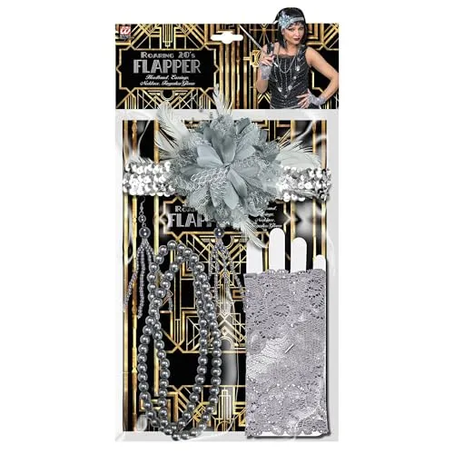 W WIDMANN MILANO Party Fashion - Verkleidungsset Roaring 20er Jahre Flapper, Paillettenstirnband mit Blumen, Perlenohrringe, Perlenkette, fingerlose Handschuhe, Karneval, Mottoparty