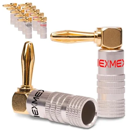 NEXMEX Bananenstecker 90° Gewinkelt - 12 Stück Stecker als Set - Steckverbinder 24K vergoldet für Lautsprecherkabel - für HiFi Receiver Verstärker