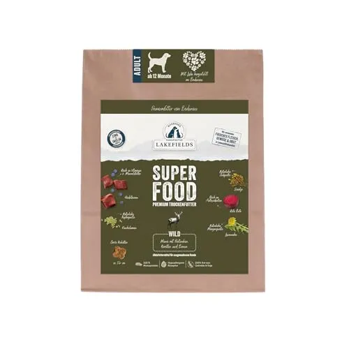 Lakefields SUPERFOOD | Premium Hundefutter trocken | 61% Wild | 1kg | Getreidefreies Trockenfutter für ausgewachsene Hunde | Mit Fenchelsamen, Birne & Roter Beete | Von Tierärzten entwickelt