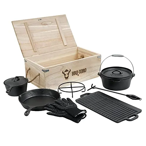 BBQ-Toro 8-teiliges Dutch Oven Set in Holzkiste von BBQ-Toro
