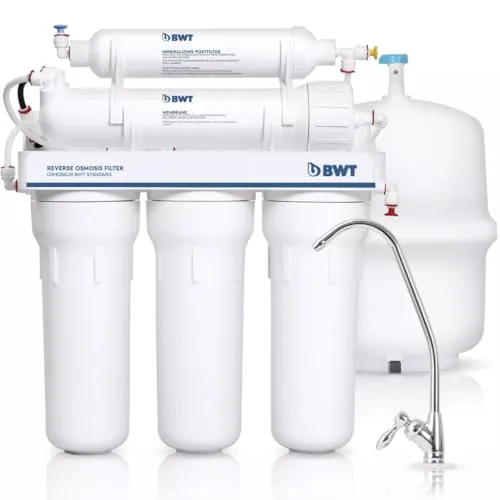 BWT Standard Umkehrosmose für den Haushalt ohne Pumpe, 75 GPD, Durchflussmenge 8 l/h, 12-Liter-Tank, 6 Stufen mit Mineralisierung, Rückgewinnungsrate 10–20 Prozent, Einlassdruck 3–6 bar