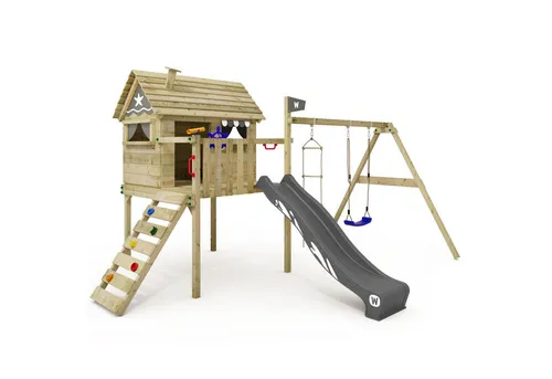 Wickey Spielturm Smart Travel – Robustes Stelzenhaus mit Rutsche - Kreatives Spielhaus aus kesseldruckimprägniertem Holz, ideal für Gartenabenteuer. Inklusive Wellenrutsche und vielseitigen Kletterelementen. 10 Jahre Garantie auf Holzelemente!