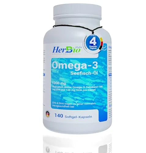 Omega 3-140 Kapseln hochdosiert – 4000mg Fischöl pro Tagesdosis - 180mg EPA und 120mg DHA pro Kapsel - Laborgeprüft - 100% Rindergelatine Halal zertifiziert von HerbBio