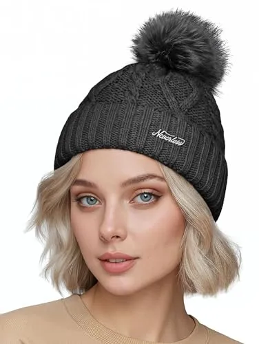 Neverless® Damen Bommelmütze mit Fleecefutter Pudelmütze Strickbeanie Strickmütze Wintermütze Dunkelgrau Unisize