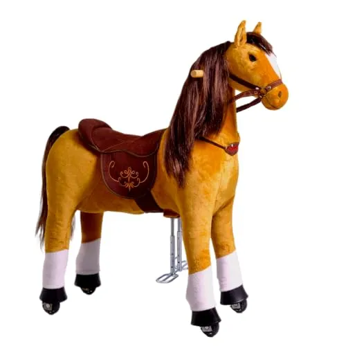 Fancy PONNIE Reitpferd mit Rollen Fancy M (5-12 Jahre), Spielpferd zum Reiten mit Abnehmbarer Braun Sattel und Halfter mit Zaumzeug, Kämmbare Mähne und Schwanz, Plüschpferd zum Reiten für Kinder