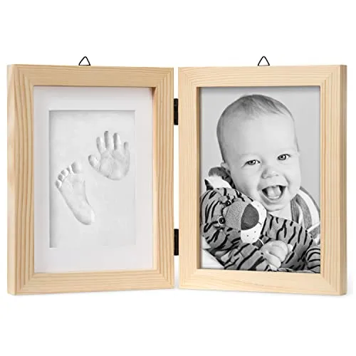 chuckle - Baby Hand & Fußabdruck Gipsabdruck, 2-Teiliger Holz Bilderrahmen (Groß 12,7x17,8cm Foto) mit Nudelholz - Kinderzimmer, Deko, Andenken, Geschenk für Neugeborene & Babyparty