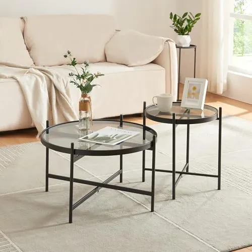 [en.casa] Couchtisch Set Lier – 2er Set runde Glastische mit Metallgestell - Beistelltische fürs Wohnzimmer: Flexibles 2er Set mit einem größeren Couchtisch und einem kleineren Beistelltisch, ideal für stilvolle Raumgestaltung und vielseitige Nutzung.