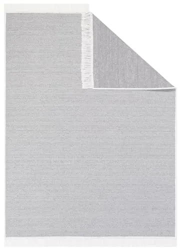 TAPISO Azteca Teppich Kurzflor Baumwolle Beidseitig Anwendbar Creme Grau mit Fransen Waschbar Wohnzimmer Schlafzimmer Waschmaschinenfest Küche ÖKOTEX 80 x 150 cm