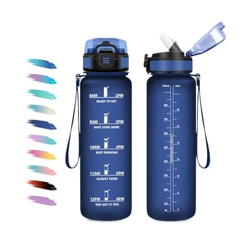 Trinkflasche 1L, Wasserflasche mit Strohhalm, Einhandöffnung, Auslaufsicher, Wasserflasche Kohlensäure Geeignet, Sport Trinkflasche mit Zeitmarkierung, Perfekt für Reisen, Camping, Radfahren