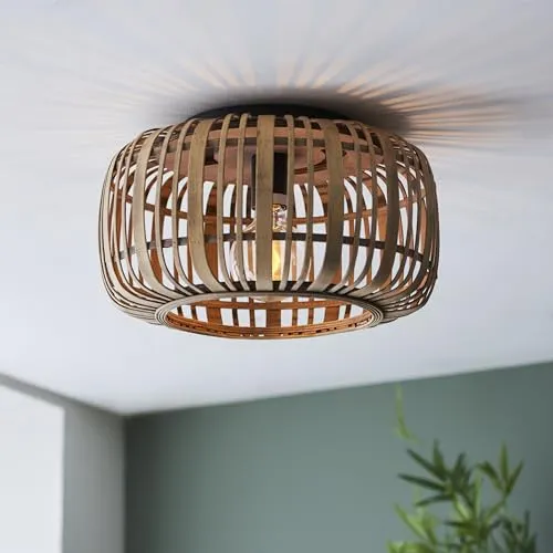 Lightbox Deckenlampe | 22 cm Höhe, Ø 32 cm | dimmbare Boho Deckenleuchte mit Schirm aus Bambus & besonderem Lichteffekt | E27 Fassung | für das Wohnzimmer | in Hellbraun