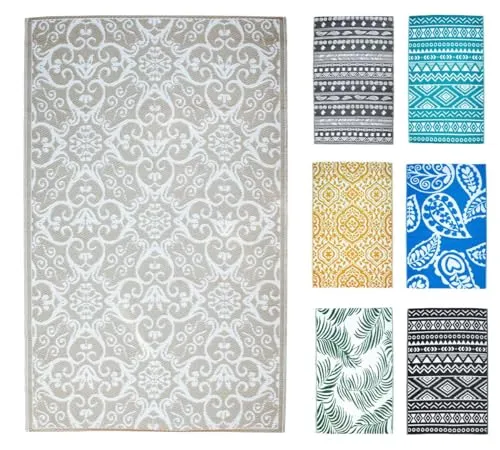 JACK Outdoor Teppiche Terrassenteppich Außenteppich 120x180cm Terrasse Balkon Teppich Garten Außen Lotus Effekt, Farbe:Ornamente Taupe