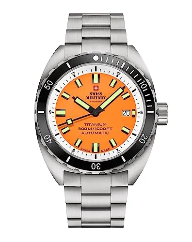 Swiss Military by Chrono Herren Uhr Armbanduhr Automatik Uhrwerk mit Titan Metallarmband Analoge Herrenuhr Silber Orange SMA34100.04