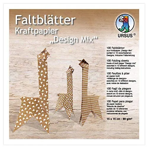 Ursus 38055599F - Faltblätter Kraftpapier Design Mix, 100 Blatt in 10 verschiedenen Motiven, ca. 15 x 15 cm, 80 g/qm, einseitig Bedruckt, zum Falten von Fensterbildern, Sternen und Figuren, braun/weiß
