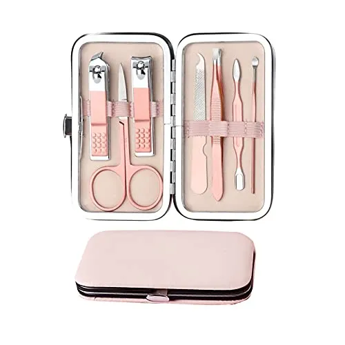 JeoPoom Maniküre Set[7 Stücke], Nagelschere, Nagelknipser Set, Nagel Schere Nagelpflege Nagelknipser Etui, Professionelle Edelstahl Pediküre Nagelknipser, Nagelpflege Werkzeuge für Reise (Rosa)