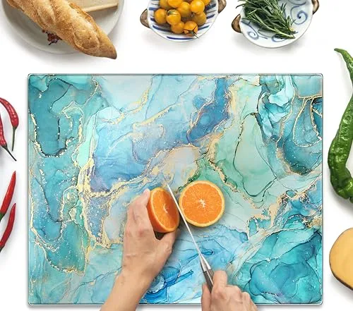 Kitchenville Glasschneidebrett 50×40 cm – Hygienisches Schneidebrett aus gehärtetem Glas – Hitzebeständig, Kratzfest & Rutschfest – Glasplatte für die Küche – Türkis Ocean