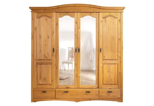 Home affaire Schiebetürenschrank Konrad, rustikal mit Spiegel - Schiebetürenschrank im Landhausstil aus massiver Kiefer, FSC®-zertifiziert. Bietet viel Stauraum mit 4 Türen und 3 Schubladen, ideal für eine stilvolle und praktische Einrichtung.