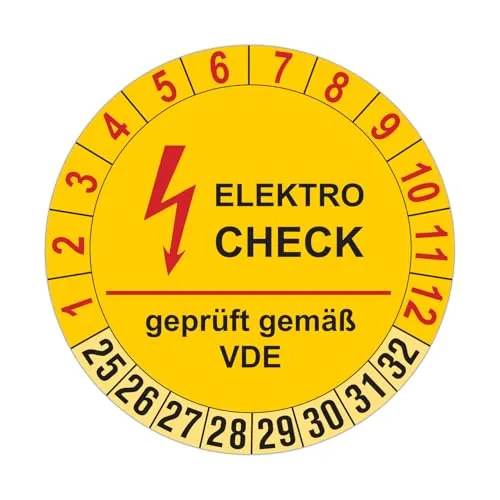 Stück Elektro Prüfplaketten für 8 Jahre und 12 Monate, Durchmesser 30mm, Farbe gelb, Aufkleber, Prüfaufkleber, Prüfetiketten, Folienaufkleber mit UV-Schutzlackierung, Prüfung (Auf-P13) 100