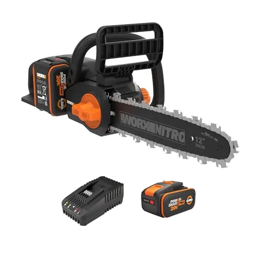 Worx Akku-Kettensäge WG350E Nitro Profi - 30 cm Schwertlänge - Sägen: Leistungsstarke Akku-Kettensäge mit 10 m/s Kettengeschwindigkeit, ergonomischem Griff und automatischer Kettenschmierung für müheloses Arbeiten im Garten.