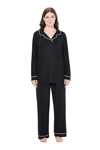 Ulla Popken Damen große Größen Übergrößen Plus Size Pyjama, Zweiteiler, Zierpaspeln, V-Ausschnitt, Langarm schwarz 50+ 823030100-50+