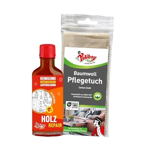 POLIBOY Holz Repair - Möbelpolitur für lackiertes Holz - 100 ml - EFFEKTIVE HOLZPFLEGE: Diese Möbelpolitur frischt lackierte Holzoberflächen auf und entfernt kleine Kratzer sowie hartnäckige Flecken. Ideal für die regelmäßige Pflege, um das schöne Aussehen Ihrer Möbel zu erhalten. Inklusive Baumwolltuch für einfache Anwendung.