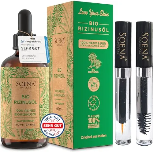 BIO RIZINUSÖL 100% REIN - Fördert Haarwachstum - Haaröl für Wimpern, Augenbrauen & Kopfhaar, kaltgepresst, vegan & ohne Tierversuche. Mit Mascara & Eyeliner Kit für präzises Auftragen und beste Ergebnisse!