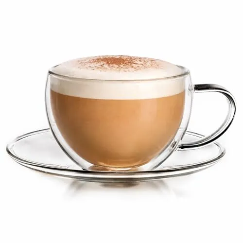 Creano Thermo-Tasse, doppelwandige Tee-/Latte Macchiato Cappuccino Tasse mit Untersetzer | 250 ml