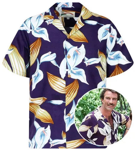Pacific Legend Hawaiihemd Tom Selleck Calla Lily Herren Kurzarm - Blusen: Atmungsaktives und pflegeleichtes Hawaiihemd aus 100% Rayon, ideal für warme Tage. Mit praktischer Brusttasche und lässigem V-Ausschnitt in stylischem Lila.
