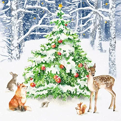 Servietten Tiere versammeln sich um Winterbaum | Reh | Fuchs | Hase | Tiere | Weihnachten | Winter | Tischdeko | Decoupage | Serviettentechnik 33x33cm 20