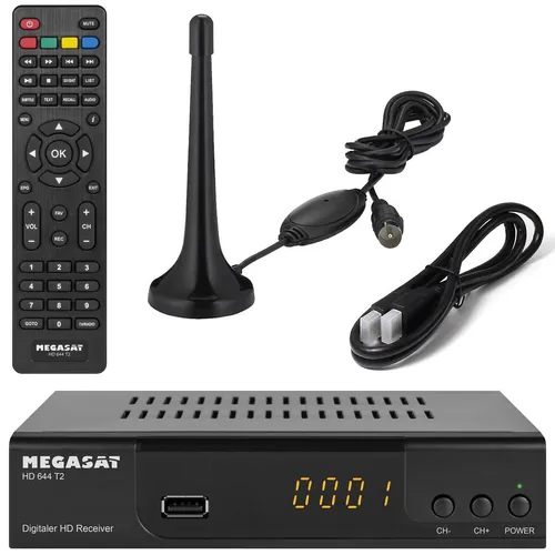 Megasat T644 DVBT2 Receiver + aktive Zimmerantenne, HDTV für frei Empfangbare...