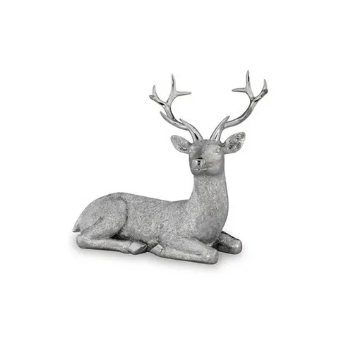 Große Liegende Silber Deko Hirsch Figur & Geweih - Weihnachten Wildfigur 17 cm