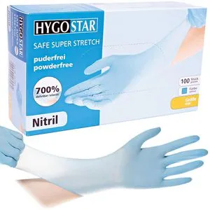 Franz-Mensch Einmalhandschuhe Safe Super Stretch, blau,100 Stk, Nitril, chemikalienbeständig, lebensmittelecht, Größe S, 100 Stück