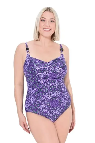 Ulla Popken Damen Plus Size Badeanzug mit drapiertem Design - Stylischer Badeanzug in Übergrößen mit drapiertem Oberteil, verstellbaren Trägern und Softcups. Ideal für einen komfortablen Tragekomfort am Strand oder im Schwimmbad. Hergestellt aus recyceltem Material.