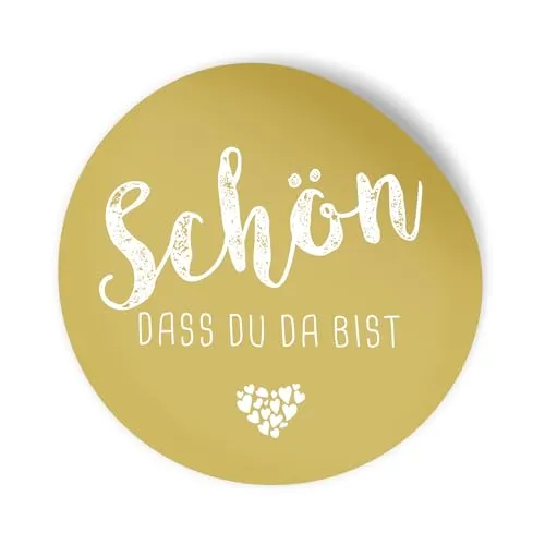 itenga 24x Sticker Schön dass du da bist Aufkleber rund 4cm selbstklebend - Sticker ideal für Gastgeschenk (currygelb)