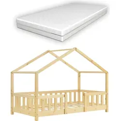 [en.casa] Kinderbett Treviolo mit Matratze 80x160cm - Charmantes Hausbett aus robustem Kiefernholz mit integriertem Rausfallschutz für sicheren Schlaf und einfacher Montage – ideal für jedes Kinderzimmer.