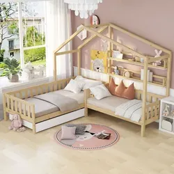 Hausbett Kinderbett mit 2 Liegeflächen, 90x200cm/70x140cm - Kinderzimmermöbel - L-förmiges Hausbett aus Kiefernmassivholz mit viel Stauraum durch Schublade und Regale, ideal für Gäste- oder Jugendzimmer.