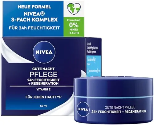 NIVEA Gute-Nacht-Pflege Nachtcreme 50 ml - Nachtpflege für jeden Hauttyp mit 24h Feuchtigkeit und Regeneration - für frisch und erholt aussehende Haut am Morgen. Enthält Vitamin E und Wasserlilienextrakt, dermatologisch getestet und vegan.