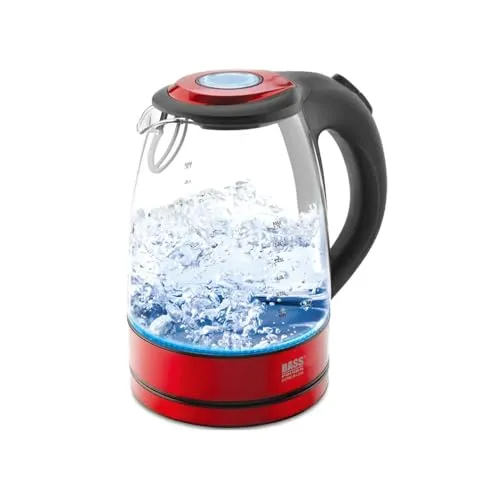 Glas Wasserkocher 1,7 L 1500W rot/schwarz mit LED Beleuchtung - Der elegante Glas Wasserkocher mit 1,7 L Kapazität und 1500 W Leistung überzeugt durch seine LED-Beleuchtung und den 360° Schwenksockel. Ideal für die schnelle Zubereitung von heißen Getränken.